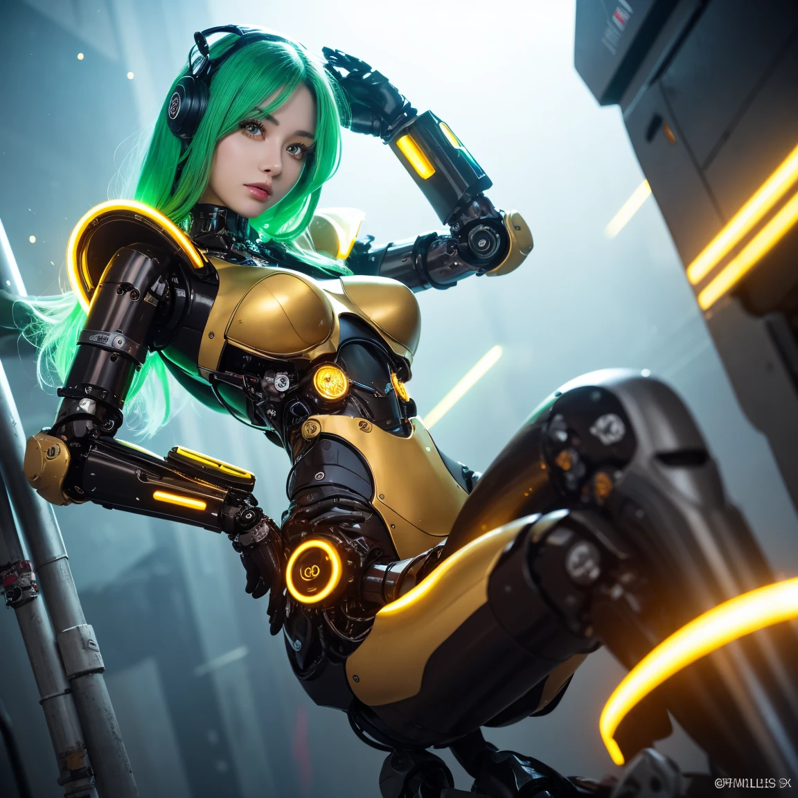 "Masterpiece in dystopian 4K resolution UHD high detail, with 1mecha_musume purple_glitter style, vibrant details in green and yellow, inspired by cyberpunk chaos. Vibrant green and yellow details capture the eye, while her towering cybernetic boots make a bold statement. Her pious eyes connect with the viewer, conveying a mix of courage and mystery. A graceful smile illuminates her face, framed by a headset with cat ears. Her short "light green" hair, with bangs and two pigtails, creates a fascinating contrast with the deteriorated setting of the underground oasis. Clear water, mud, pipes and crumbling concrete structures make up the environment , providing an intriguing and horrifying vision of cyber horror.|{The camera positioned very close to her, revealing her entire body as she adopts a _pose, interacting with and leaning on a structure in the scene in an exciting way.} | ((perfect_pose):1), She adopting a ((_pose as interactions, boldly leaning on a structure, leaning back in a dynamic way):1.3), ((full body)), ((hands_with_5_fingers):1), ((perfect_hands):1), ((perfect_fingers):1), ((perfect_legs):1), better_hands, More Detail".