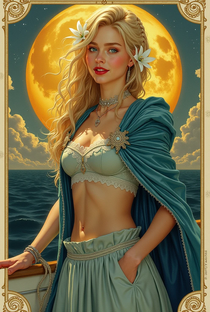 Blonde Goddess of Light, radiant, sitting on beach by a fire, starlight, full moon