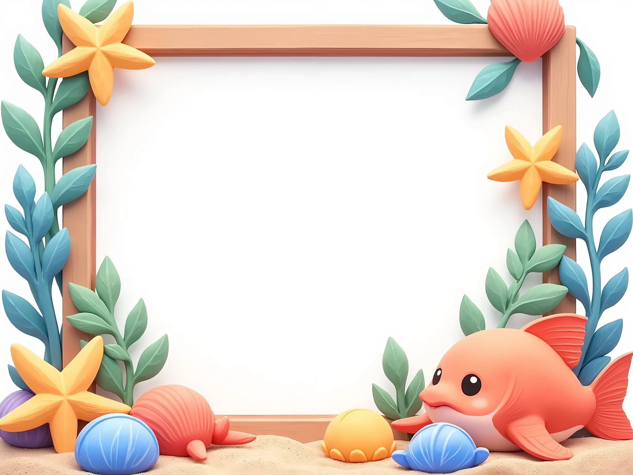 "Illustration in a frame style with an empty center. and drawn flatly with soft pastel tones, Cute ocean-themed objects should be placed around the frame. fish , shellfish, starfish, Various marine life and natural elements such as seaweed should surround the frame, without a sense of three-dimensionality. The central space should be empty, Use colors that give an overall clear and refreshing feeling and soft gradients. The background should be kept clean with white or light pastel tones, The frame itself should be finished with rounded and soft corners."Soft and simple 2.5D vector style.Slightly three-dimensional