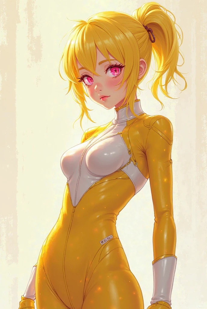 Girl, short yellow hair, two horns, pointed ears, tight yellow clothes that cover her entire body, big breasts,
