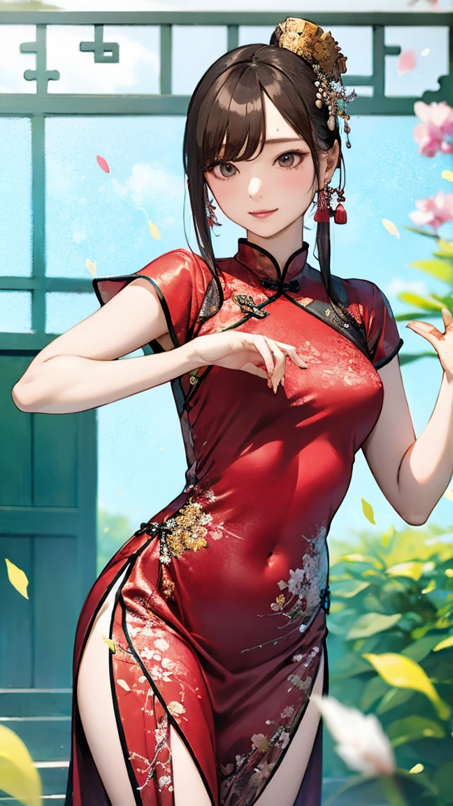 High resolution, 18 year old female , good lighting, despicable, , (No nudity), (((shiny cheongsam))),(garter belt),cute face, I'm embarrassed and blush, humiliating, ((See-through)),
