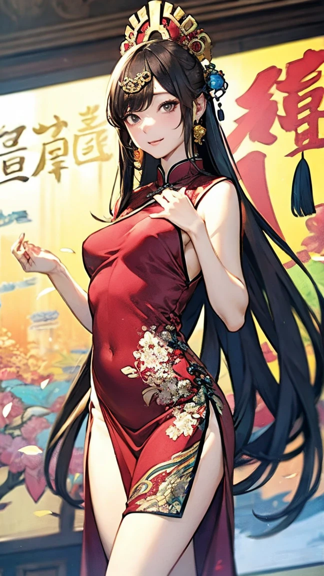 (Best Quality,4K,High resolution), Cute illustrations delicately expressed with realistic details,Girl working energetically,sharp eye,Red Eyeliner,Cheerful smile,Chinese hair with red highlight bun head on black hair,lively and comical appearance,comic strip,animesque,Delicately drawn comical illustrations,Sleeveless red sexy cheongsam with intricate decoration,Carry Chinese food,Chinese Restaurant Background,Bustling background