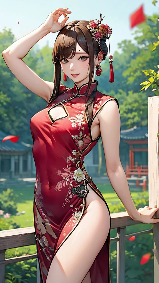 1 girl,seven waves,(Chinese celebration dress:1.4),outdoor, (standing posture),jewelry,grace,(((red lips))), Lips slightly open, clavicle,Lactation,(huge breasts),((8k, original photo, top quality, masterpiece), HD RAW color photos professional close-up photos, (actual, photorealism: 1.37), (best quality),8k,soft sunshine, Fabric luster,alone,