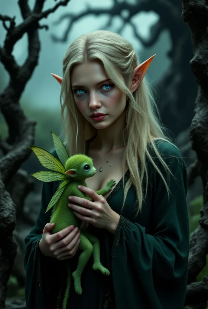 1men, 1girl, princess carry, Elf, Elf ears, aqua eyes, straight hair, very long hair, blonde, (white elven dress:1.2), see-through, strapless, jewelry, (little green goblin:1.2), size difference, with a baby goblin in her arms, a girl carrying a man, ugly goblin, sharp teeth, goblin monster, diaper goblin, fantasy, in a fantasy glade, cinematic, detailed character design, Digital artwork, Resolution: 4k, best quality, masterpiece, high resolution, <lora:goblin_v0.1a:0.6> <lora:princess_carry_v0.1:0.7>