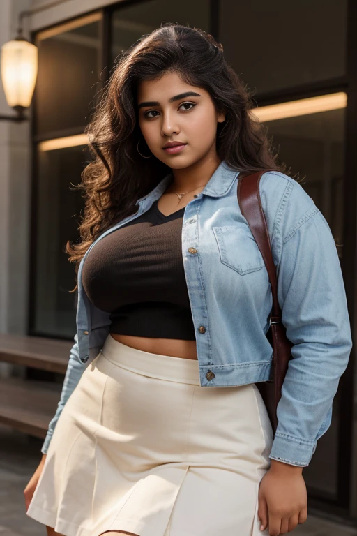 20yo in school school photo in school masterpiece, (photorealistic:1.4), best quality, beautiful lighting,Eleanor Marathi Woman 20yo Old Big 44M round firm Breasts Plus Size Model lipstick Bun lHair Bun Hair Hair Lifts wearing tanktop and extremely miniskirt.