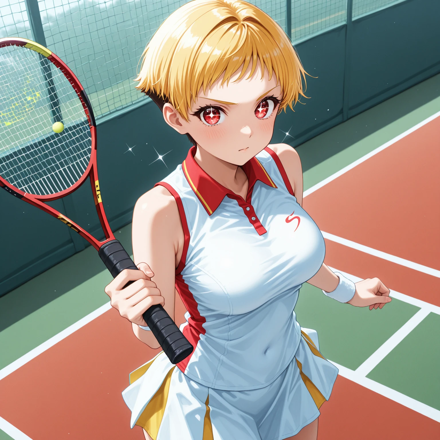 chisato nishikigi, (best quality) , ((masterpiece)), extremely detailed, unity ,2k wallpaper, amazing, finely detail, masterpiece, best quality, extremely detailed 8k wallpaper, huge file size , ultra-detailed, highres, extremely detailed, (1girl), finely detailed beautiful eyes, short blond hair, blunt bangs, hair ribbon, detailed hair, red head ornament, red eyes, small breasts, solo, slim body, slim thighs, light smile, sunshine light, stadium, (tennis), (tennis player outfit), (white visor), holding a tennis racket, playing tennis, <lyco:chisato-000006:0.7>