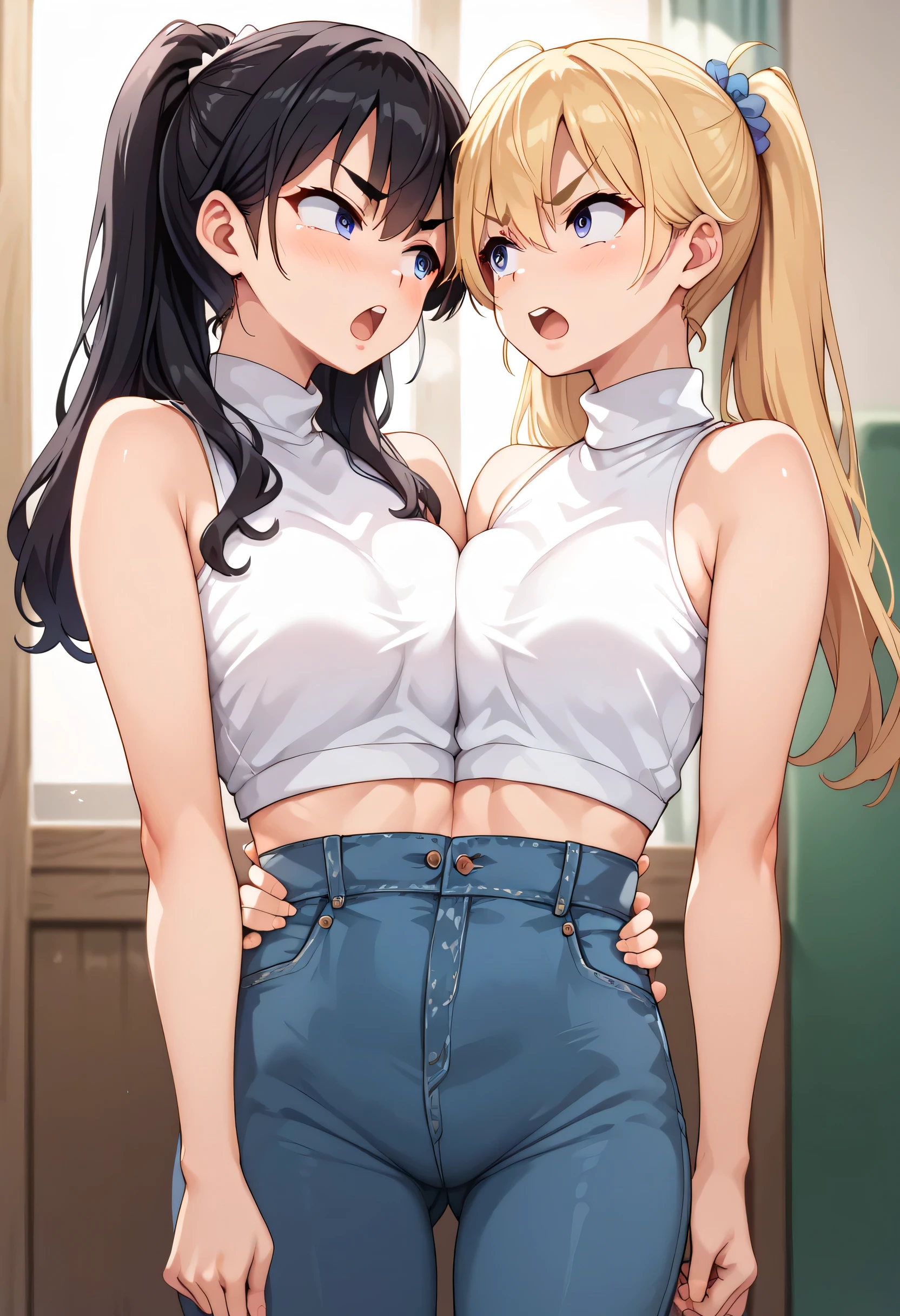 best resolution, conjoined, anime girl with two torsos shouting at each other, tall, blonde hair with ponytail with no bangs, black hair with double-pig tails, different eyes, tareme eyes, tsurime eyes, different eyebrows, argument, looking at each other, croptop turtleneck shirt, sleeveless high-waist pants,