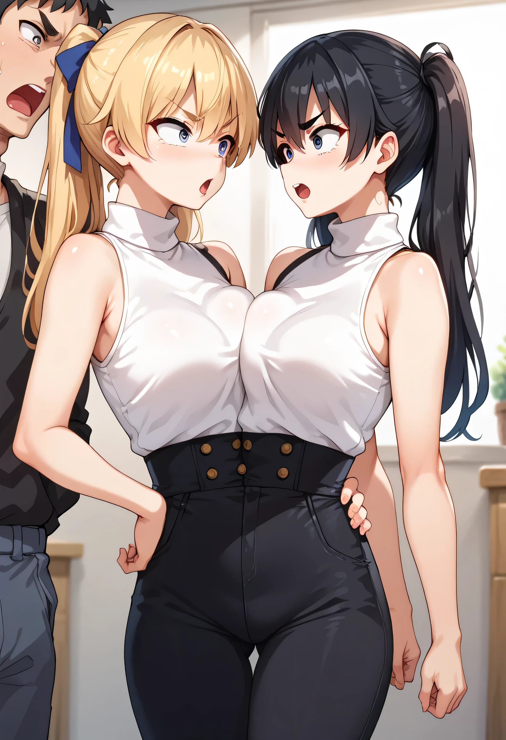 best resolution, conjoined, anime girl with two torsos shouting at each other, tall, blonde hair with ponytail with no bangs, black hair with double-pig tails, different eyes, tareme eyes, tsurime eyes, different eyebrows, argument, looking at each other, croptop turtleneck shirt, sleeveless high-waist pants,