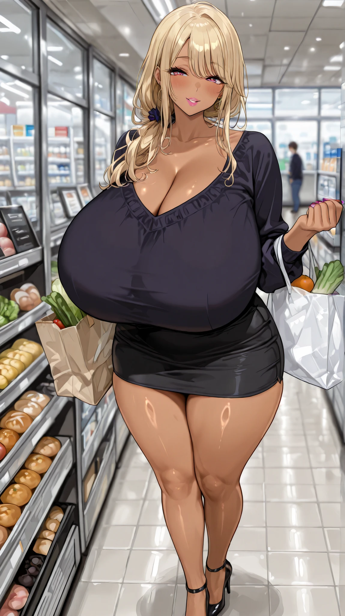 (Best quality: 1.5), (masterpiece: 1.5), (2.5D), (good definition), (detailed face), (well-drawn face), (vivid colors), (1 character), (exaggerated proportions), (hentai), (perfect anatomy), (character in the center), (absurd), (4k wallpaper), (detailed eyes), (perfect hands), (perfect fingers), (beautiful skin), (glowing skin) ), (perfect shadows), (perfect lighting), (full body), (beautiful eyes), (masterpiece), (voluptuous body), (pretty face), adult woman, seductive MILF, Mature MILF Face, mature woman, blonde hair with a low and slightly disheveled ponytail, green eyes, wears glasses, wears a knitted midi dress, embarrassed and nervous expression, carries a shopping bag, huge breasts, huge thighs, huge butt, voluptuous body, good proportions, he inside a rhodium-plated train of many men with censored and pixelated faces