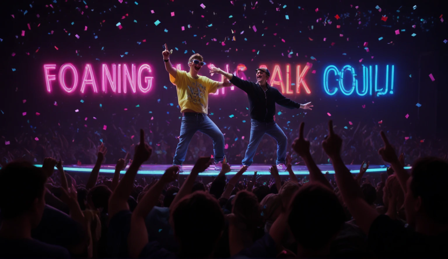 Dipper pines wearing a gold chain standing on a stage surrounded by people while he disses bill with mable as his hype man