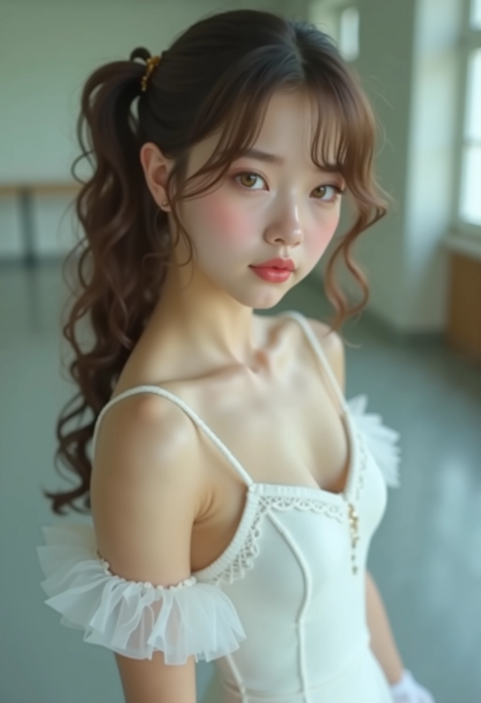 ((RAW Photo), Absurds, (Absurd Resolution)), (Masterpiece, Best Quality), ((Hyperrealism, Photorealistic)), (AI Fantasy), (masterpiece, highest quality, amazing quality), (realistic pupil, luminous tan eyes), (beautiful girl, 21 years old, haiz_ai, in the style of cknc, full body), (brunette girl, with two pigtails, curly hair, brown color), (long white dress, valet slippers, white stockings, white tulle gloves), ((ballet pose for a twist, dynamic pose)), (background: ballet studio), (Photo Perspective). «SunPuma S»