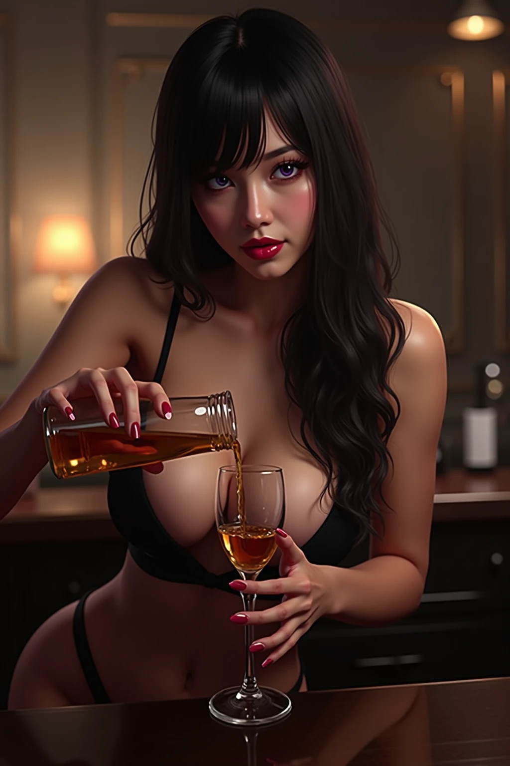 (((1 female:1.9))),(((NSFW:1.7))),(((Nude:1.8))),(((Black straight hair:1.2))),(((Drunk and having the hiccups:1.5))),((((Watch on wrist)))),(((Place your right hand on your chest:1.5))),(((He is holding a glass of wine in his left hand:1.5))),(((The body is slim:1.3))),((Looking down:1.0)),(Tight waist),(Small breasts),((Small Ass:1.2)),((Bare arms:1.0)),((Bare neck:1.0))(((A cowboy belt around his bare waist:1.3))),(((Put the holster on your belt 1.3))),(((Background is a white wall:1.7))), (Blushing:1.6),(Being drunk:1.8),(I am going to cry:1.3),((Mouth open in surprise:1.5)),((Exposing thighs)),((Navel exposed)),((Cowboy Shot:1.5)),((Full Body Shot:1.0))