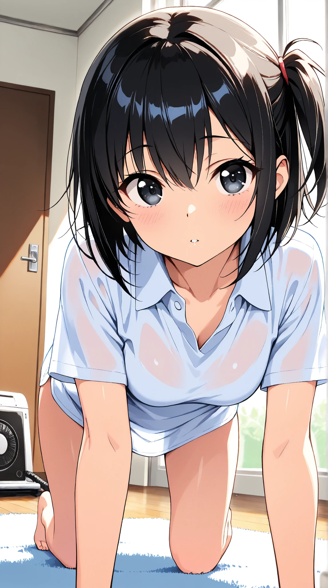 1.Woman in pink polo shirt, short sleeves, cute, bright eyes, black hair, short hair, naked, small breasts, black eyes, open mouth, embarrassed, showing bra, pulling up shirt