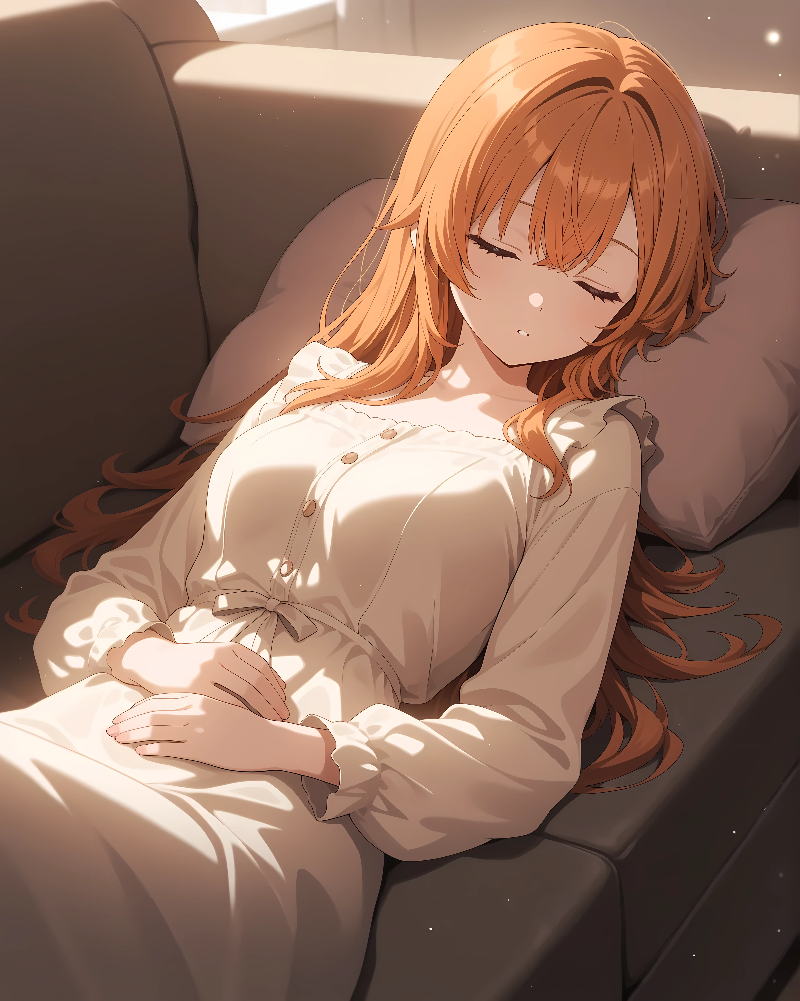 1girl, escoffier,small breast,sleep in couch,medium shot,pretty,dreamy filter,