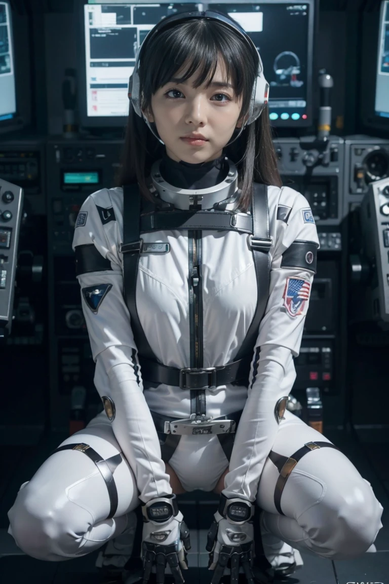 astronauts、femele、35 year old、full body Esbian、Dark hair、　poneyTail、smil、pilotsuit、protector、helmets、Narrow-eyed、asian human、、realisitic、Realistic、house wife、Front of fuselage、、gentle wind、Runway、Chest baldness、hangar、spaceships、kosmos