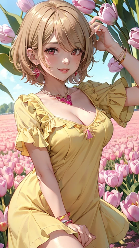 ((yellow sundress)), ((solo)) 1girl,tomboy (pixie cut),black hair, tan brown skin ,big breasts (masterpiece,mature,detailed, high quality) (,naughty,smirk) elegant, beautiful, freckles, realistic, heterochromia, ((beautiful eyes tulip field background)), ((curvy thighs))