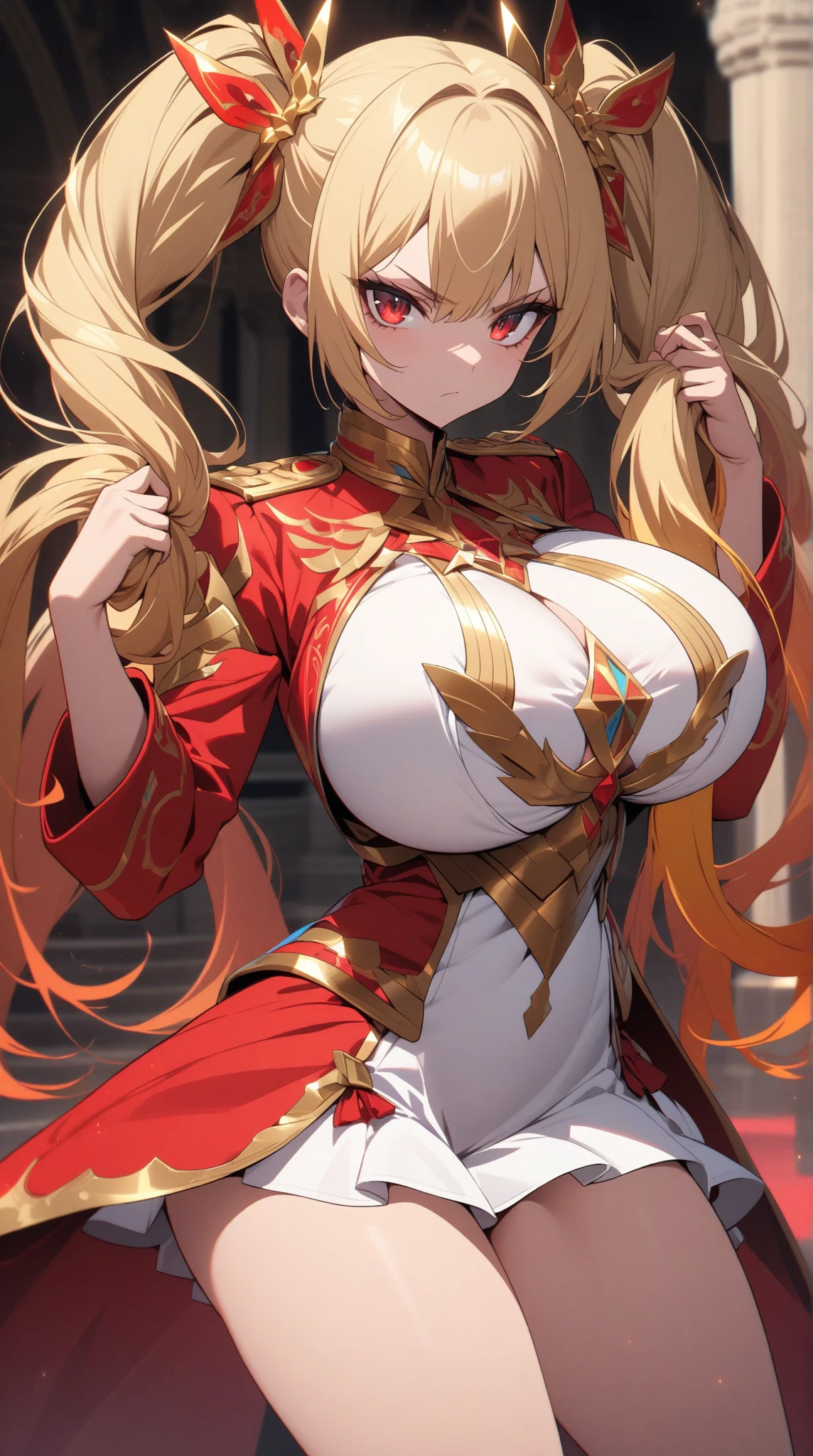 Fugonero, Black, Ahoge, blonde hair, (green eyes: 1.5), hair between the eyes, hair intake, smile, smile, break borouping、(((braided bun)))、buttoning、Amputated、Neckline Cutouts 、Clothing Cutouts、Doress、Epaulette、(((French Braids)))、Golden Trim、Odango Hair、Juliet Sleeves、Long Sleeve、Puff Sleeve、Red Lace、Red Dress、Side Locks、(Single Hair Bun)、Break Looking at the viewer, shatter (masutepiece:1.2), best quality, highest resolution, Unity 8k wallpaper, (illustration:0.8), (beautiful eye details:1.6), More detailed face, perfect lighting, extremely CG details , (perfect hands, perfect anatomy),Western castles、Big naughty、Big, full breasts、
