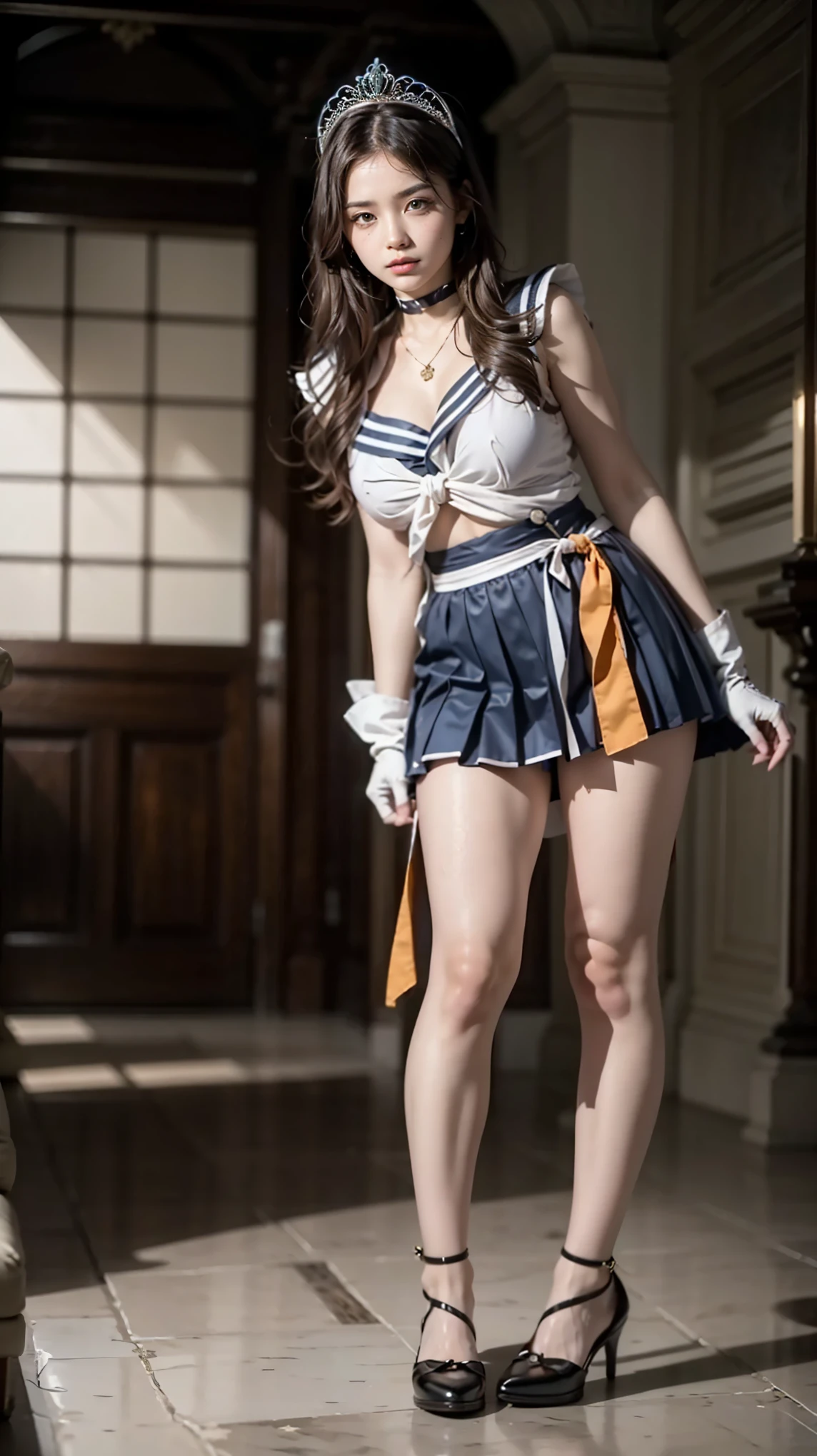(obra-prima, Best Quality, high resolution:1.2), (seductive pose:1.2), (dynamic angle), detailed background,
casual photography, HDR, luz natural, (anti-aliasing:1.2), elegante, macio, scattered light , realistic proportions , limited palette effect, backlit , Accent Lighting, (neutral colors:1.3), cross process, Cinematic lighting, coherent light , coherent shadows ,
detailed face, detailed eyes, detailed skin, style, intricate details, 1 , ZH_mushyee_Normal girl, sozinho, long hair, tatuagem, realista, Sardas, lips, looking at the spectator, ZH_mushyee_ Girl cosplay , , Uniforme Sailor Senshi, orange skirt, elarco gloves, tiara, orange sailor necklace, red bow , orange choker, white gloves, joalheria, pleated skirt, arco , bela, Persephone, (full body:1.8)