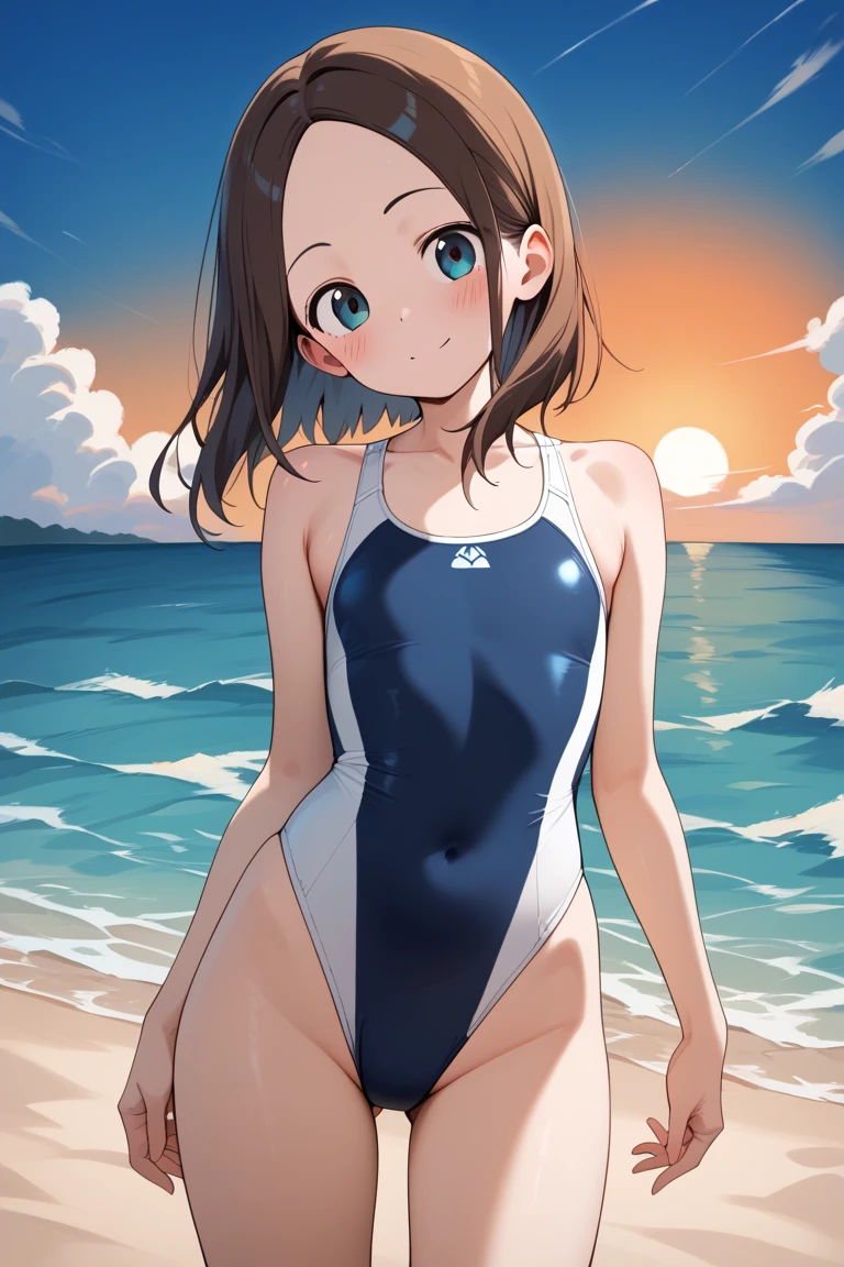 masterpiece, best quality, misaka_mikoto, brown eyes, looking at viewer, solo, small breast, upper body, (swimsuit), beach, outdoor, , smile, close_mouth, ((crossed legs)), ((standing)), lens flare abuse,  one piece suit, body suit, shiny clothes, thicc, onegirl, 1girl, white swimsuit, pantihose, ass pose, botty pose, back pose