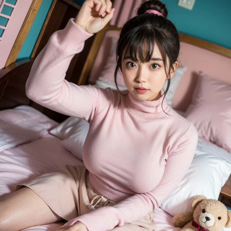 photo of a cute asian teen submissive wife with massive cute eyes, bimbo, She wears: (turtleneck high ribbed bright pink tight sweater:1.1), submissive seductive pose, high tight ribbed neck, seductive smile, perfect fake tits, turtleneck top, perfect naked legs