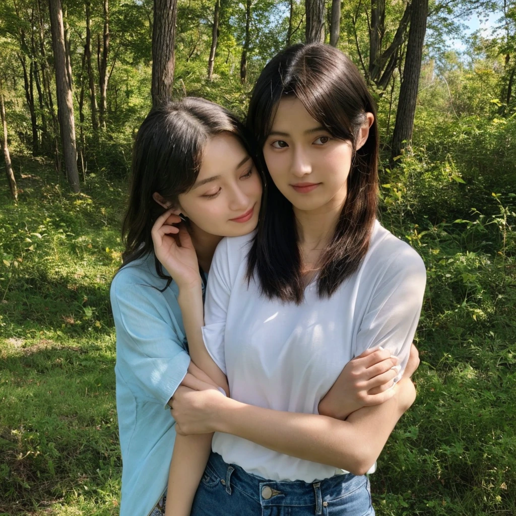 cute girl 12 year old medium breasts short hair Wear a white shirt, tight shorts hugging big director old man, on a high mountain Behind there is beautiful nature and a sea of mist, realistic 4k