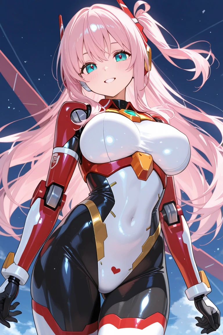 zero_two, (darling_in_the_franxx), 1girl, absurdres, high res, extremely detailed ultrasharp, 8K, masterpiece, looking at viewer, thighs, breasts, pink hair, pair of horns, long hair, makeup, pilot outfit, red bodysuit with white details, close up