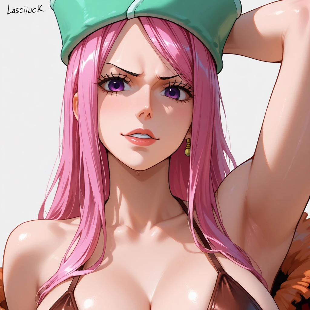 Boa sandersonia from One Piece, One piece style, large breasts, open mouth, giant tongue, uvula, smile