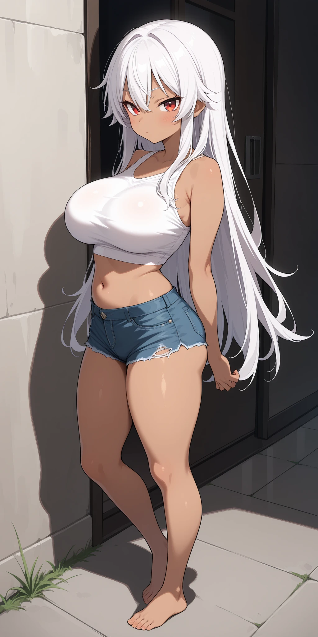 adult women, highres, 1girl, solo, gentle smile, seductive look, mature looking, adult looking, (((massive gigantic boobs))), (((insanely long straight hair))), (((insanely long hair))), (((hair touches ground))), being seductive, (((seductive pose))), heels, ((tease veiwers)), full veiw, tee shirt, jean shorts, (((full body shot))), earrings, ((best quality)), ((masterpiece)), (detailed), ultra detailed,