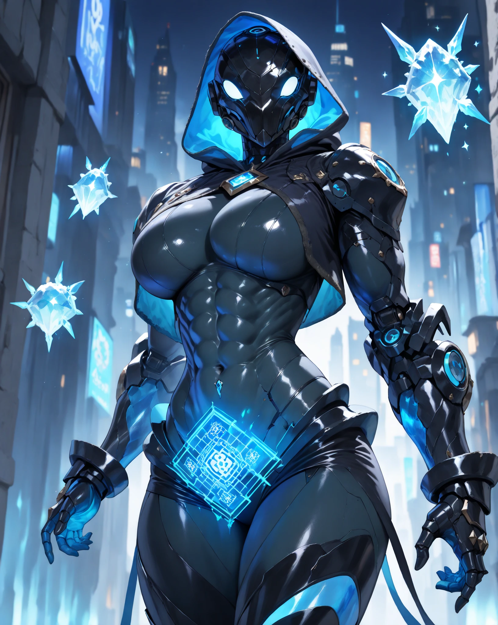 Masterpiece, best quality, 4k, sexy cyborg female, big breasts, wear leotard, starry sky, stars \ (sky\), blue hair, thick legs, cape, long hair, cyberpunk, depth of field, ray tracing, reflections