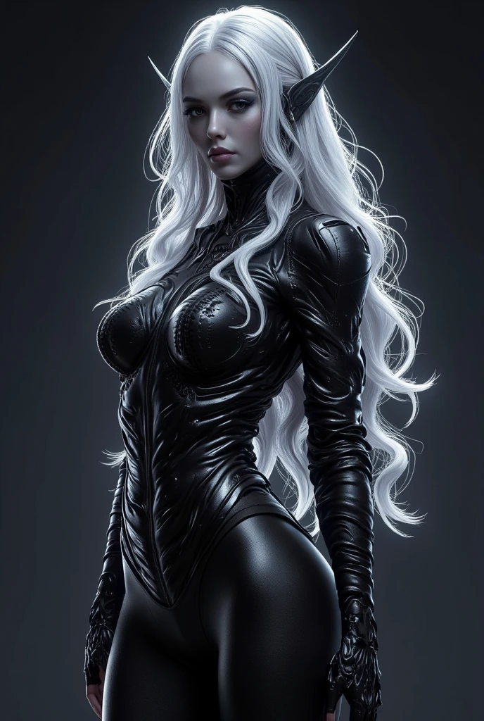 in a swirling liquid void, photorealistic sexy female venom marvel comics symbiote flowing liquid latex black alien goo,sleek feminine body, iconic sultry action standing pose ready for action. high contrast black and white, cool concept ink art, giger,