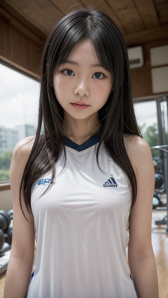 Japanese female, 19 years old, cute athlete。
Volleyball Player。
Black Hair、Half Up。
Uniform。
Practicing on the court inside the gym。
Sweat that blows out。
Flushed Cheeks、Thighs。
Sweat dripping from his large chest as he prepares to receive。