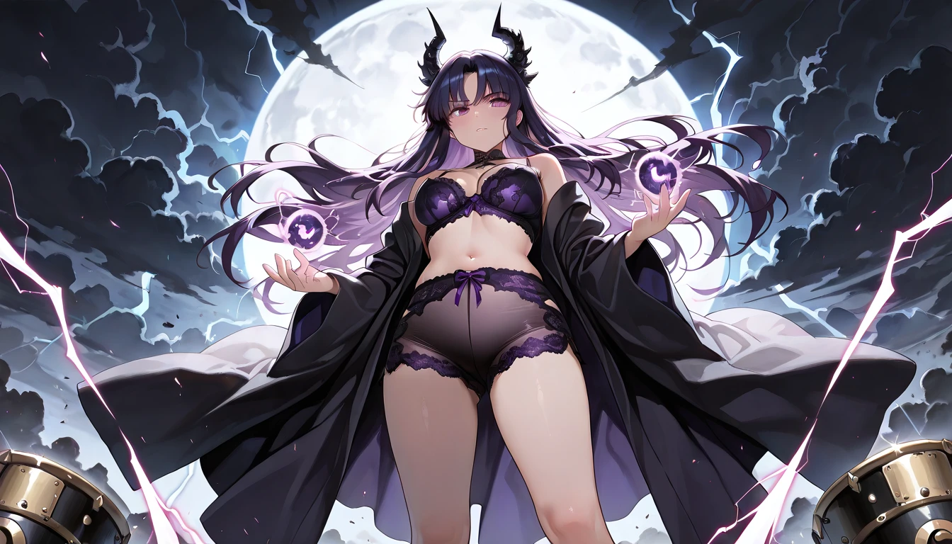 Demon, Horned, big breasted, short skirt, violet haired, violet uniform, yellow patterned colar, yellow eyes, stockings
