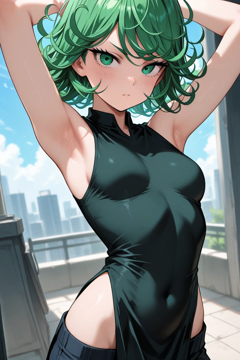 (masterpiece, best quality, perfect hourglass figure, wide waist, blush), busty, portrait, perfect face, flawless eyes, empty gradient background, beautiful lips, full lips, (arms behind back), perfect waist, cowboy shot, perfect hips, green eyes, medium breasts, saggy breasts, green hair, short hair, tatsumaki, slight smile, (uncovered navel), groin, jeweled metal bikini, cascading long hair, wearing green deep_v-neck_dress, exposed womb, underboob, looking at viewer, sleeveless, center opening,