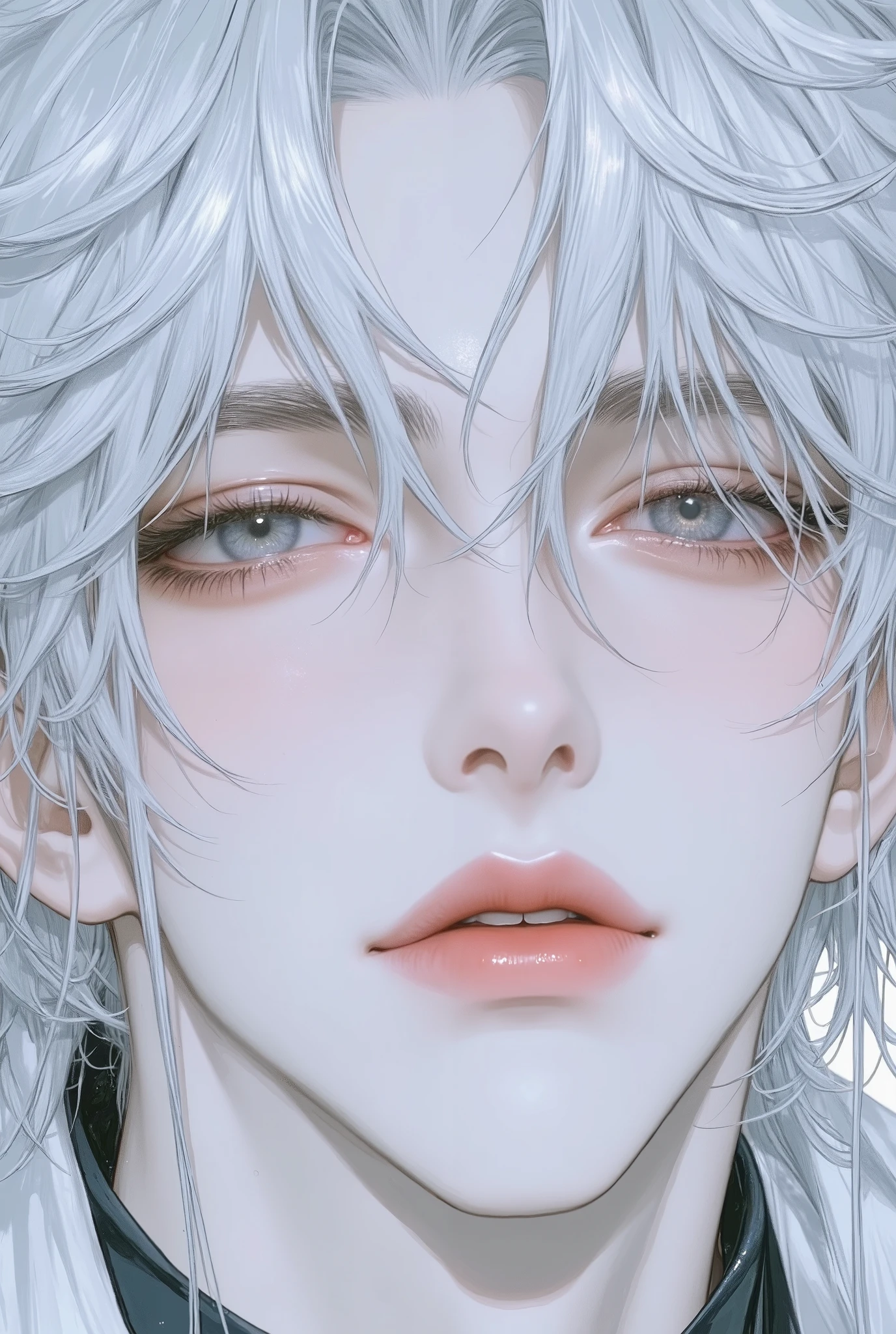 ((oriental)), ((japanese)), 1 adult male with vibrant white hair, radiant skin adorned with glossy full lips. has very long anf messy white hair, parted long bangs, he wears white male kimomo layer by layer, adding a touch of beautiful elegance. The expression is dreamy and radiant, eyes gazing upward, cold and sharp eyes, reflecting a story of desire yet to be told. The background is a soft hazy florescent bioluminescent gray blue over black, complementing her lively yet serene visage. (((white background))), Style: hyper-detailed, soft pastel aesthetic with a touch of sparkle. uhd, dslr, high quality, film grain, intricate detail, hdr, subsurface scattering, specular light, high resolution, bioluminescent lighting sfx, redshift, dust, ambient back lighting, bright, hd textures, Cinematic lighting, ultra high Contrasting, Cinematic, volumetric, atmospheric lighting, dynamic Cinematic movie poster, 900mm, Cinematic angle, (high angle), hyper detailed, hard shadows, Intricate level of detail, hd, detailed texture, ray tracing, hard shadows, trending on art station + uhd + 3d + octane render + unreal engine, 42k