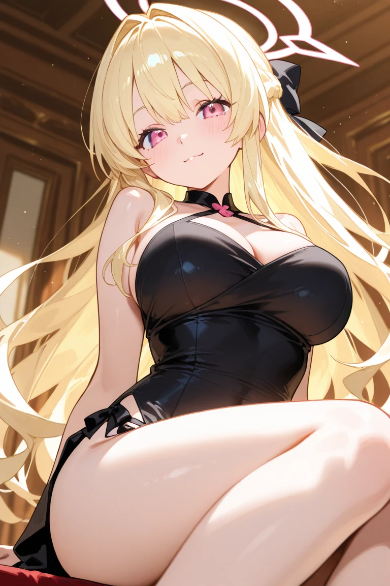 blush, smileglowing aura, natural light, masterpiece, glossy skin, juicy lips , ,sexy, hot, , cleavage, evil,juicy lips, bimbo, hour glass, blonde hair, wide eyes, green eyes, massive boobs, dark lighting, long hair, pink bow, oversized jumper, platform shoes, bow in hair, golden round glasses, sandy blonde hair, bimbo, cute, evil smile, no hair on forehead, no fringe, juicy lips, big ass , blush ,from below, cowboy shot, tights, black pencil shirt, panty shot