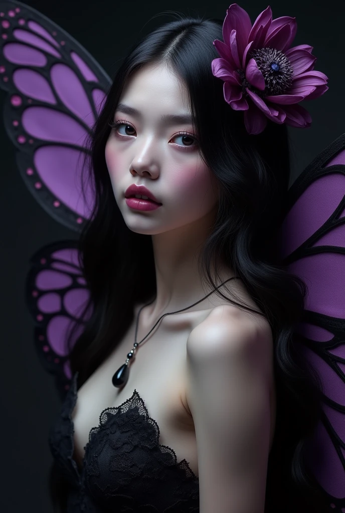 A gothic geisha with flowing black hair, with funereal flowers in a bun on her head, with pale silky skin (made up), beautiful eyes, full lips, full breasts, wearing gothic earrings, wearing a low-cut black kimono adorned with white flowers, with black wings of moth behind her head, and small black moths flying around her, beautiful dark geisha of the moths of the underworld.
