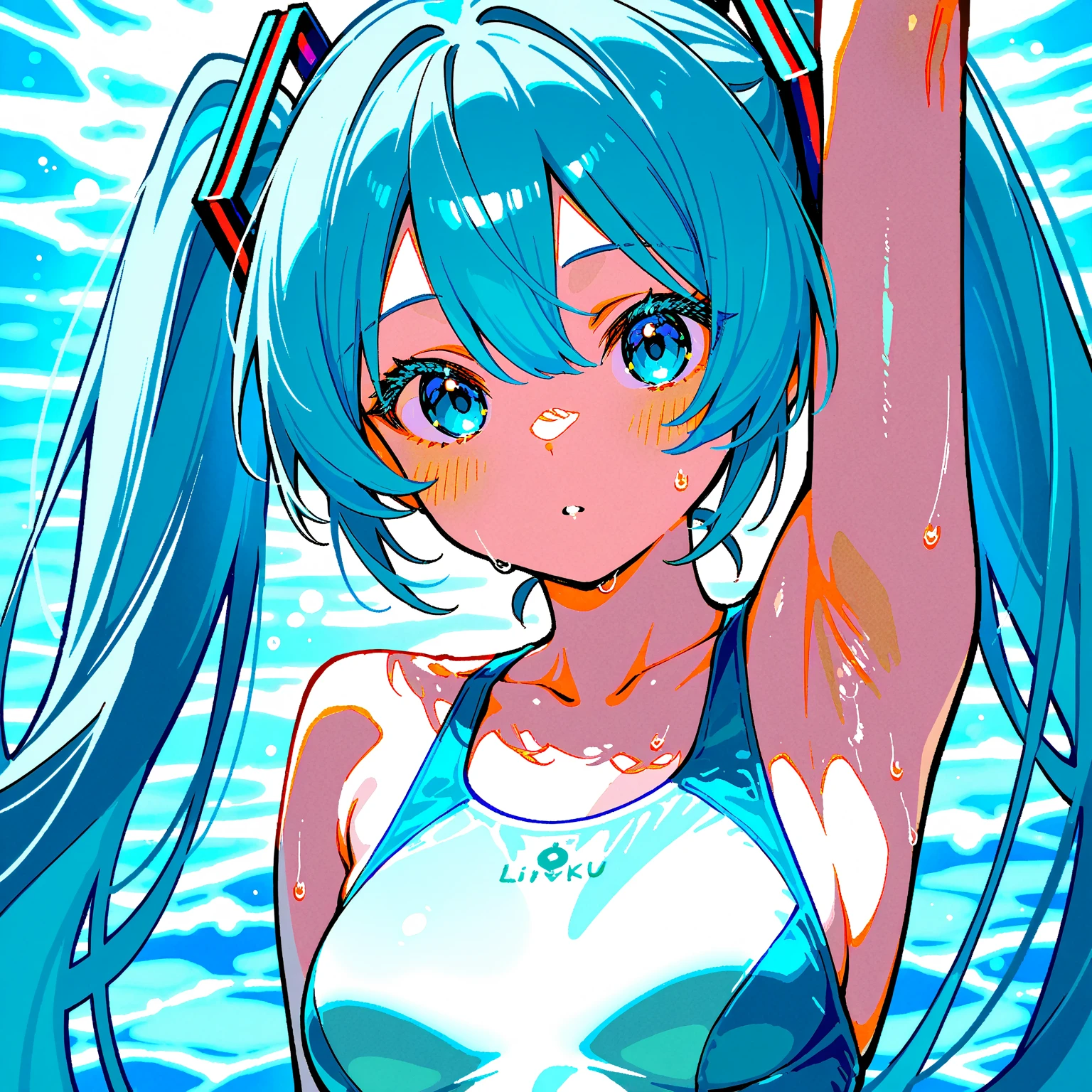 anime girl in a bikini in the water with a blue hair, Portrait of Hatsune Miku, hatsune miku portrait, Miku, very detailed Artgerm, Hatsune Miku, anime style 4 k, Vocaloid, ArtGerm on ArtStation Pixiv, Wallpaper Anime Blue Water, ultra hd anime wallpaper, nightcore, like artgerm