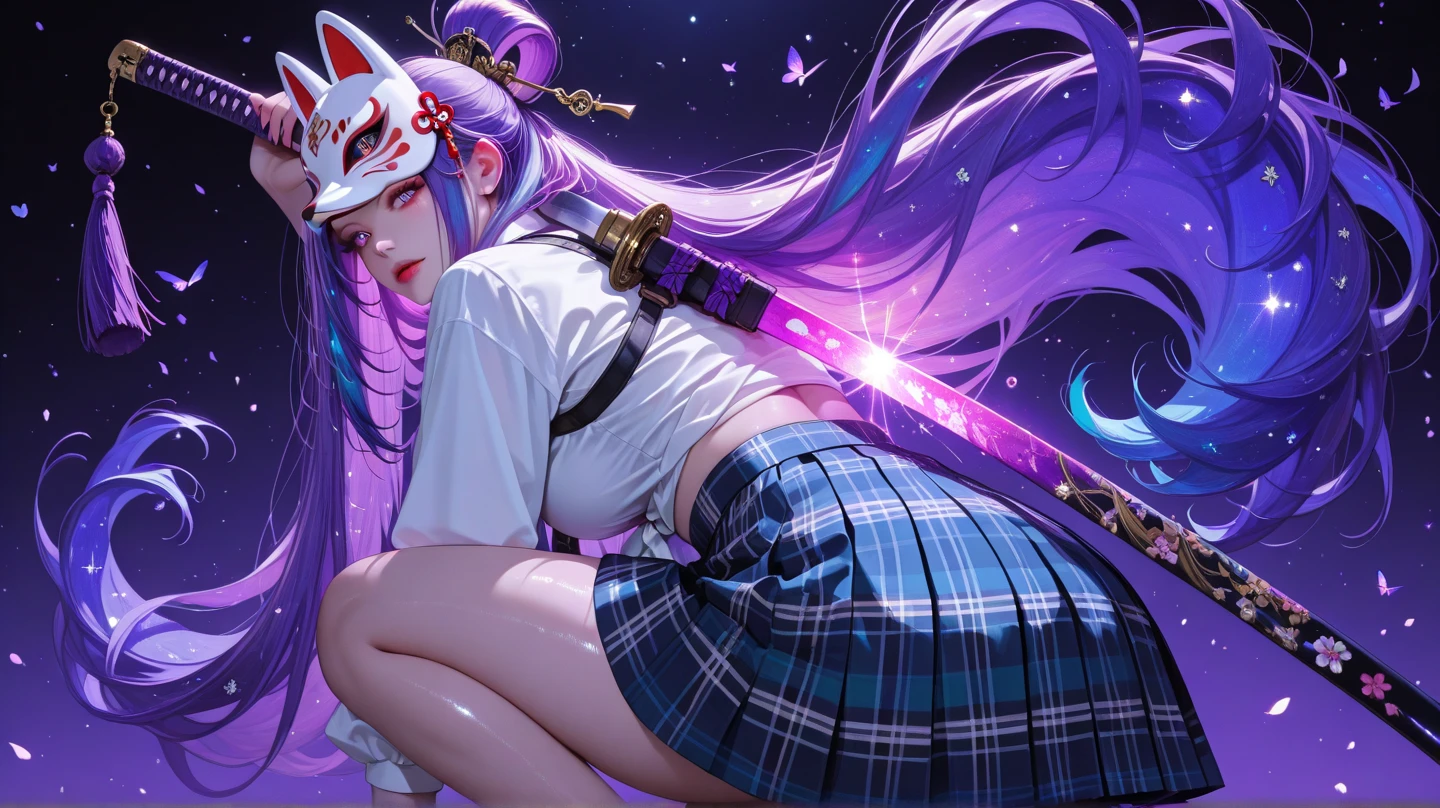 An eighteen-year-old young woman with long purple hair in a sailor suit sits in a classroom (school 1.5 in the background) (expression serious, cold 1.5) (best quality: 1.1) (masterpiece: 1.3) with an unparalleled masterpiece, surreal 8K, perfect artwork, super detail, best quality, masterpiece 4K wallpaper aesthetics, masterpiece, award-winning artwork, official art, cinematic lighting