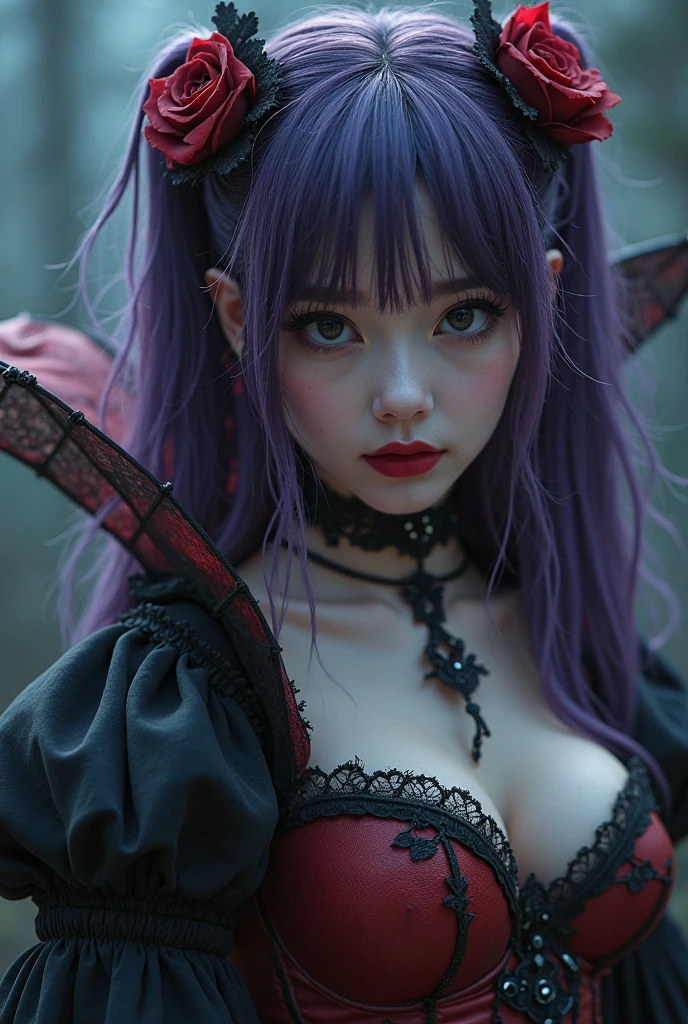 The character is a Japanese beauty, depicted in a hyper-realistic photorealistic style.、She sits against a dark and mysterious backdrop,。she has glowing green hair,、and she wears a black corset-like dress.。and large, black, devilish horns sprout from her head.、with large black wings spread behind her.。Her eyes are a vibrant green,、Her expression conveys a strong will,。The lighting is soft、The focus is adjusted to highlight her face and chest,、highlighting her beautiful features in contrast to the dark background.。Consists of a vertical screen、The character's details are meticulously rendered,、enhancing the overall realism.。