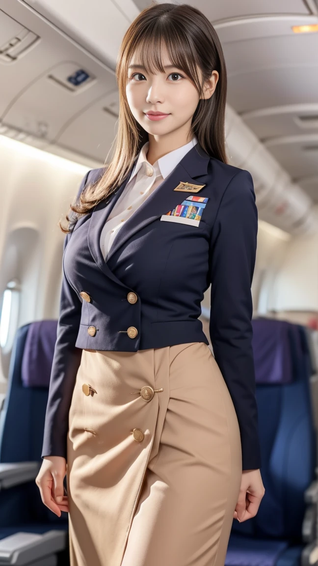 1girl, breasts, stewardess, in the cockpit, cabin crew, brown_eyes, brown_hair, brown_stockings, cleavage, gloves, high_heels, lips, lipstick, long_hair, looking_at_the_viewer, makeup, miniskirt, pantyhose, pencil skirt, translucent_legs, skirt, smile, solo, guidebook, uniform ,(masterpiece),(photorealistic:1.3), nfsw, ultra-detailed, (high detailed skin:1.2),(best quality:1.0), (ultra highres:1.0)