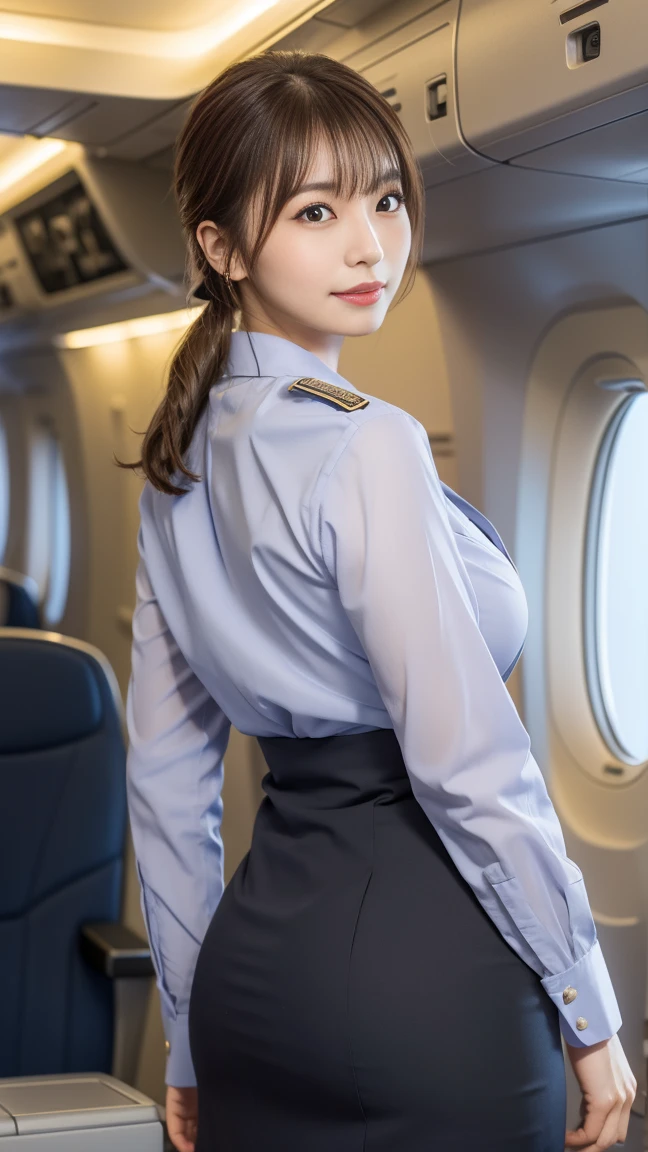 best qualityer,(CRU photo:1.2),(work of art:1.4),(photorrealistic:1.4),(high resolution:1.4), 1 girl, Depth of field, flight attendant, intrincately detailed,8K, extremely detaild, perfect lighting, epic background