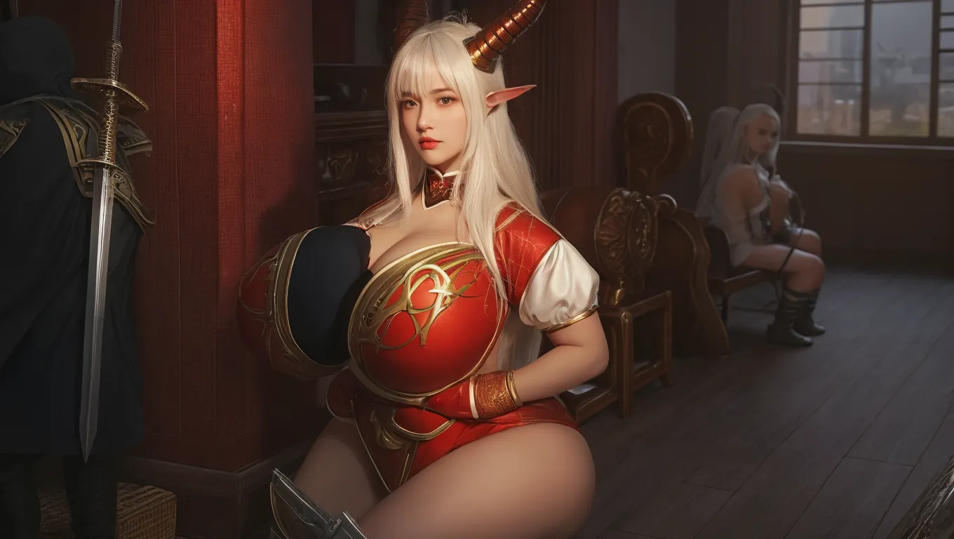 ((Best quality, 8k, bedroom, low pov, Masterpiece :1.3)), 1girl, (red metal armor:1.0), Pretty young girl with muscular abs :1.3, (long ponytail hair, blonde hair:1.0, extra huge breasts:1.0, muscular body:1.4, sweaty, naughty look :1.2), sweaty body:1.1, Ultra-detailed face, Detailed eyes, Double eyelid, pregnant, asian, cute, red fantasy warriors, squat, spreading leg wide open