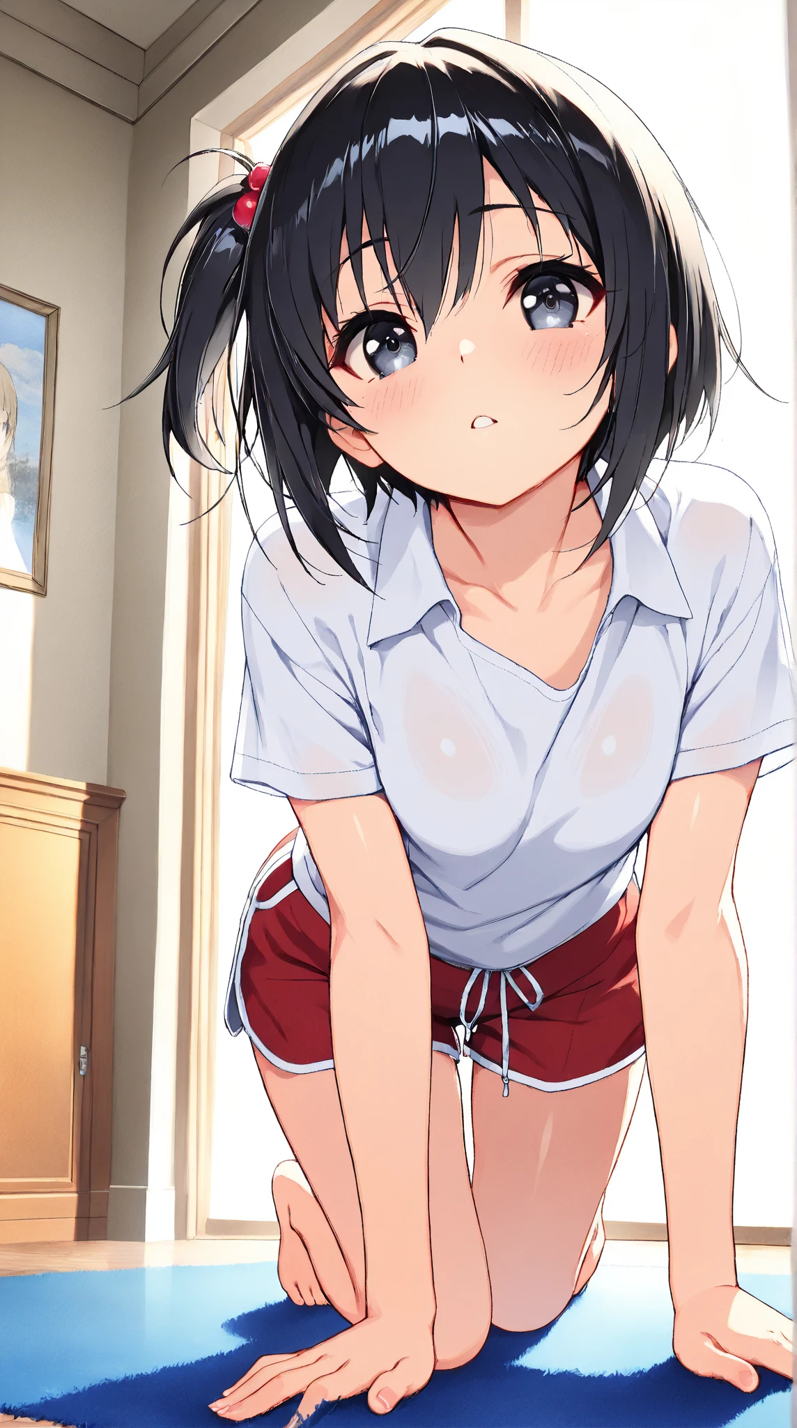 One woman, blush, Open your mouth, Short Hair, Black Hair, Feeling small breasts 8k, Very detailed, 16k, (naked), Outdoors, black eyes, pink polo shirt, short sleeves, flipping over own clothes, White panties