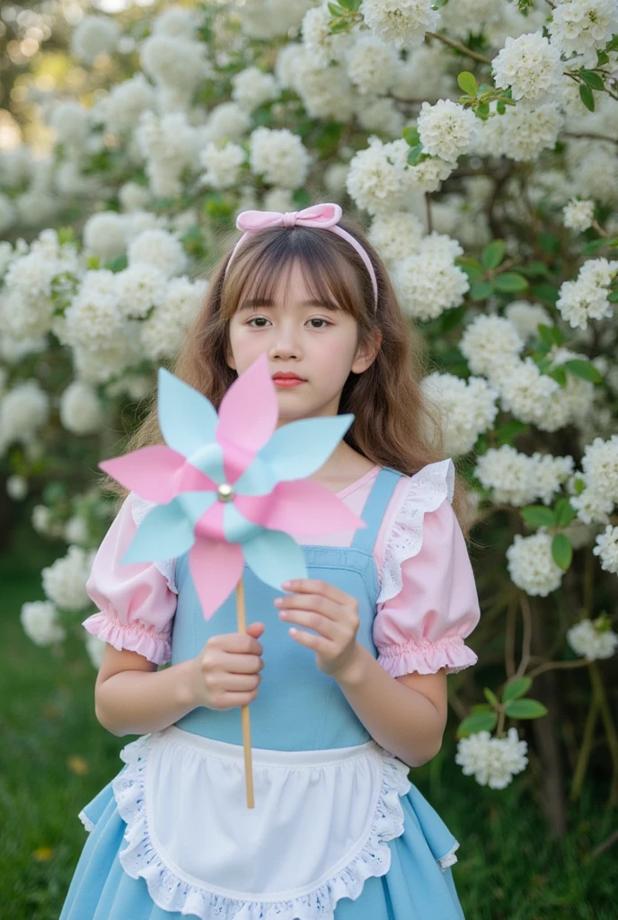 A small girl with a round face, white skin, round brown eyes, two braids, black hair tied with a purple bow. Wear a skirt holding a white cat Standing in the middle of a field of white roses Full of butterflies, spring atmosphere 