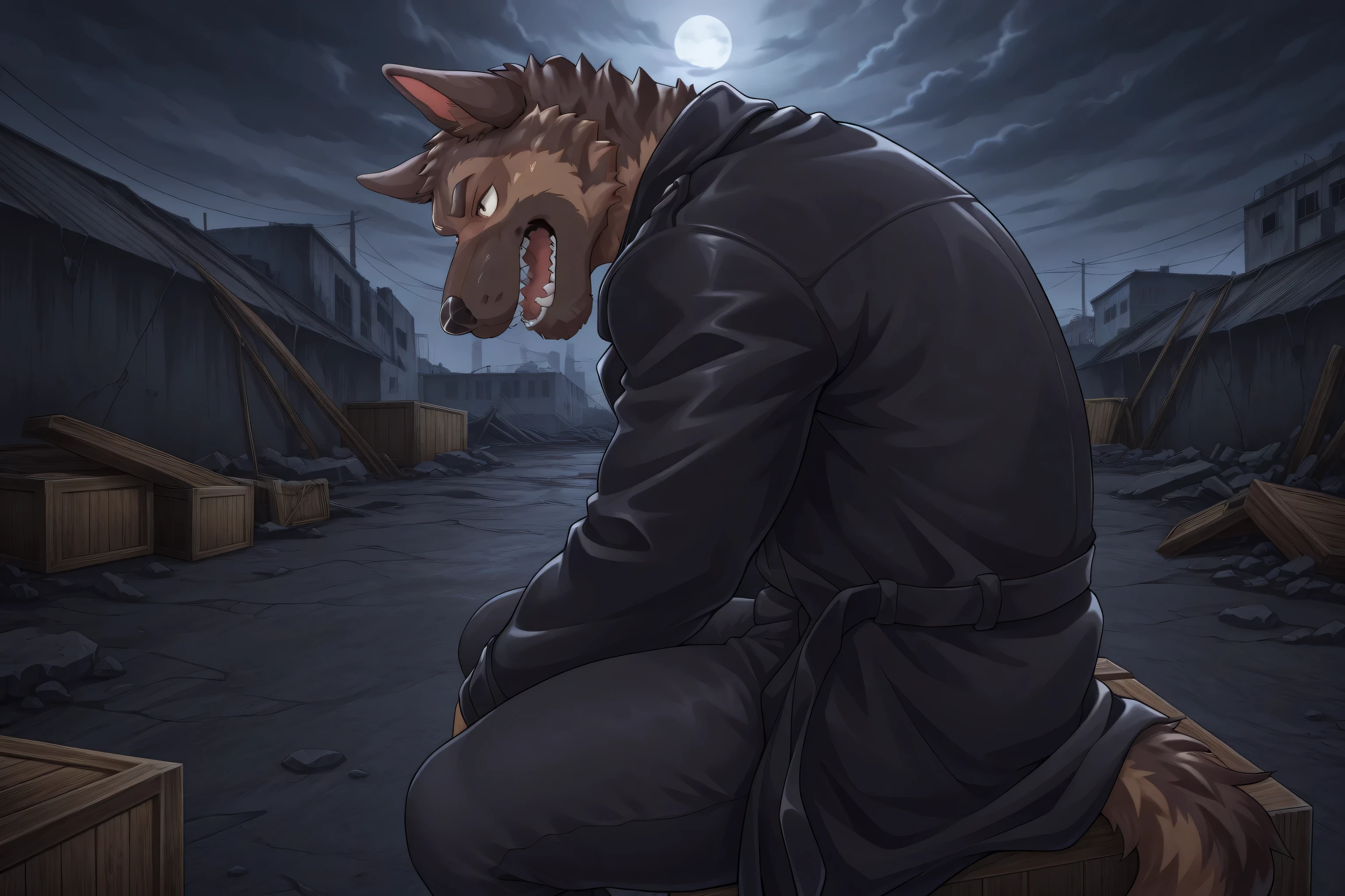 German Shepherd, black long coat, black pants, stare, sit on wooden crate, abandoned seaside warehouse, dark cloudy sky, rusty metal containers, broken dock, scattered crates, neo-noir style, indoor, cowboy shot, contemptuous expression, dynamic pose, from side