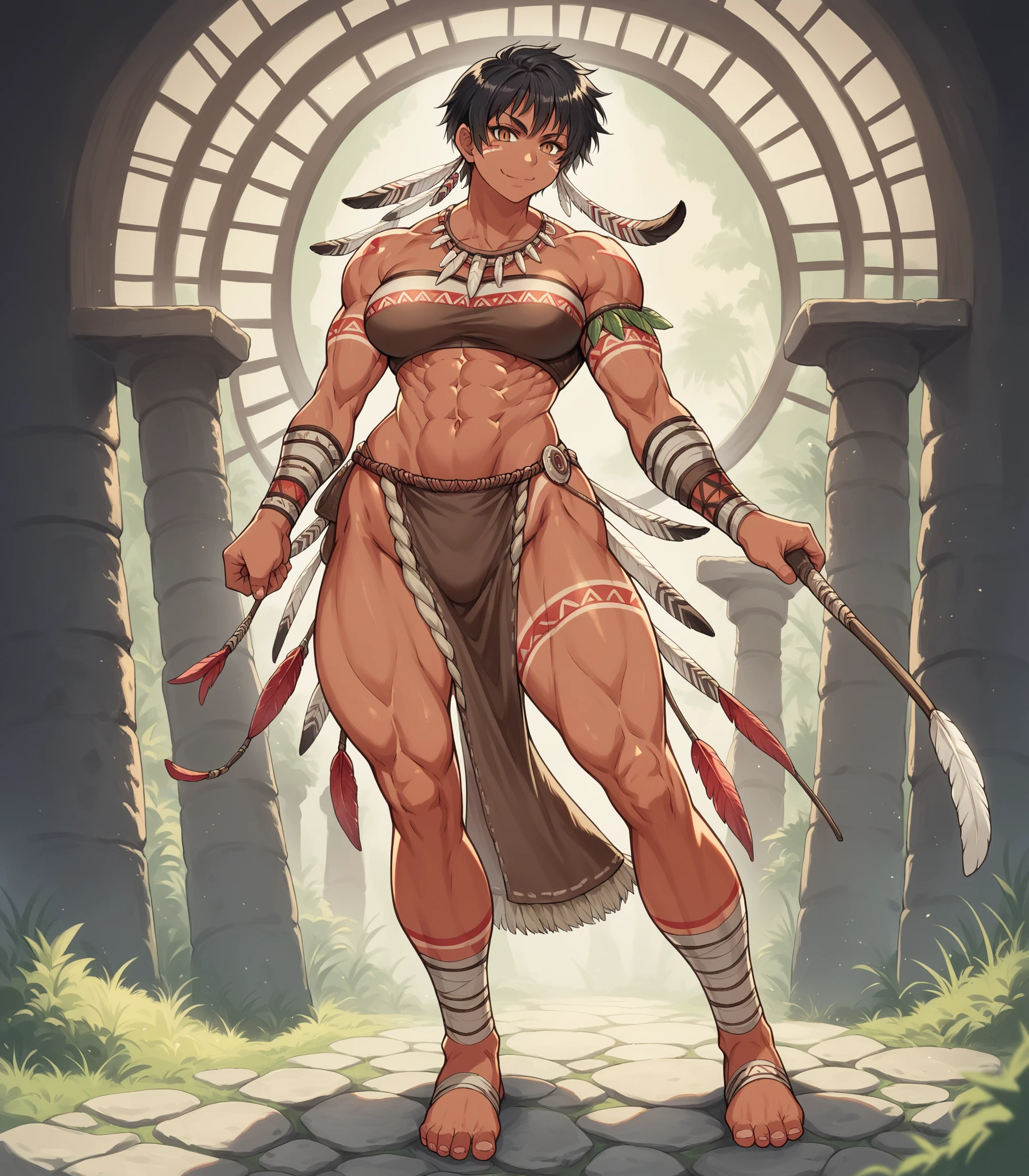 (forest, dark atmosphere), solo, ((((1 girl)))), very long hair, black hair, angry, yellow eyes, (((((muscular))))), (huge tits), (thick thighs), (wide hips), pale skin, (((((tribal wear))))), standing, slick hair