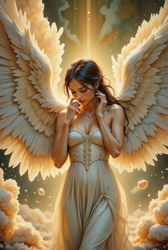 obra maestra, Calidad superior, 8K, real person, realista, CG muy denso, piel brillante, Totalmente enfocado, cielo, gloria divina, radiante, angel, blessing, felicidad,desnuda