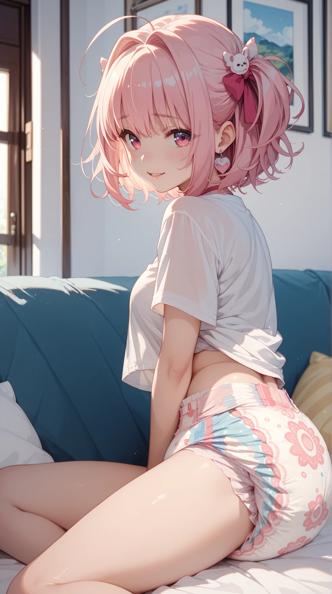 Masterpiece, Top quality, Super detail, the wallpaper, Break, 15 years old, Cat ears, Pink hair, Big eyes, Long eyelashes, Mouth closed, Break, White T-shirt, Cat print picture, White panties, Tail, Break, Cat pose, arms back behind, Break, Background, Luxury bed, Break,having fun