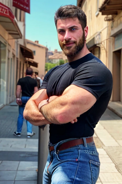 gianluca_antonelli, arrogant, smirk, (thight black shirt), jeans, hairy chest, muscular, street, daylight, male focus, upper body, large pectorals, standing, fromt view, broad shoulders, big biceps, beard, ear piercing, blue eyes,