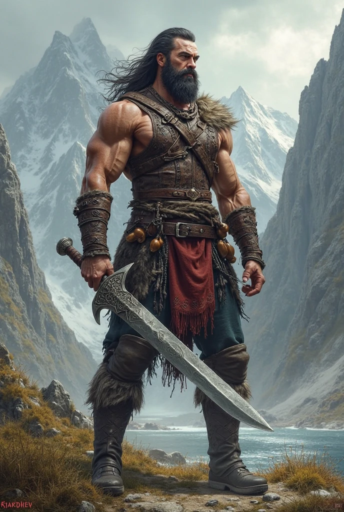 Homem com um grande machado parado em frente a montanhas, imagem de um guerReiro masculino adulto, male barbarian, barbarian warrior, portrait berserker barbarian, guerReiro masculino, barbarous, Retrato de um guerReiro masculino, Painted portrait of a barbarian with a large battle axe, Berserker Potrait, Retrato de um guerReiro robusto, fantasia, fantasia medieval, Dungeons and Dragons, Barbarian King, Barbarian King of the North, com uma mecha grisalha no meio da barba, Barbarian King, Pintura digital, Aquarela, Pintura digital rendering, homem vestido com peles, mochila de viagem medieval, cantil de couro, epic portraiture, fantasia, fantastic warrior, Rei, machado de ferro, Nordic symbols, por do sol,